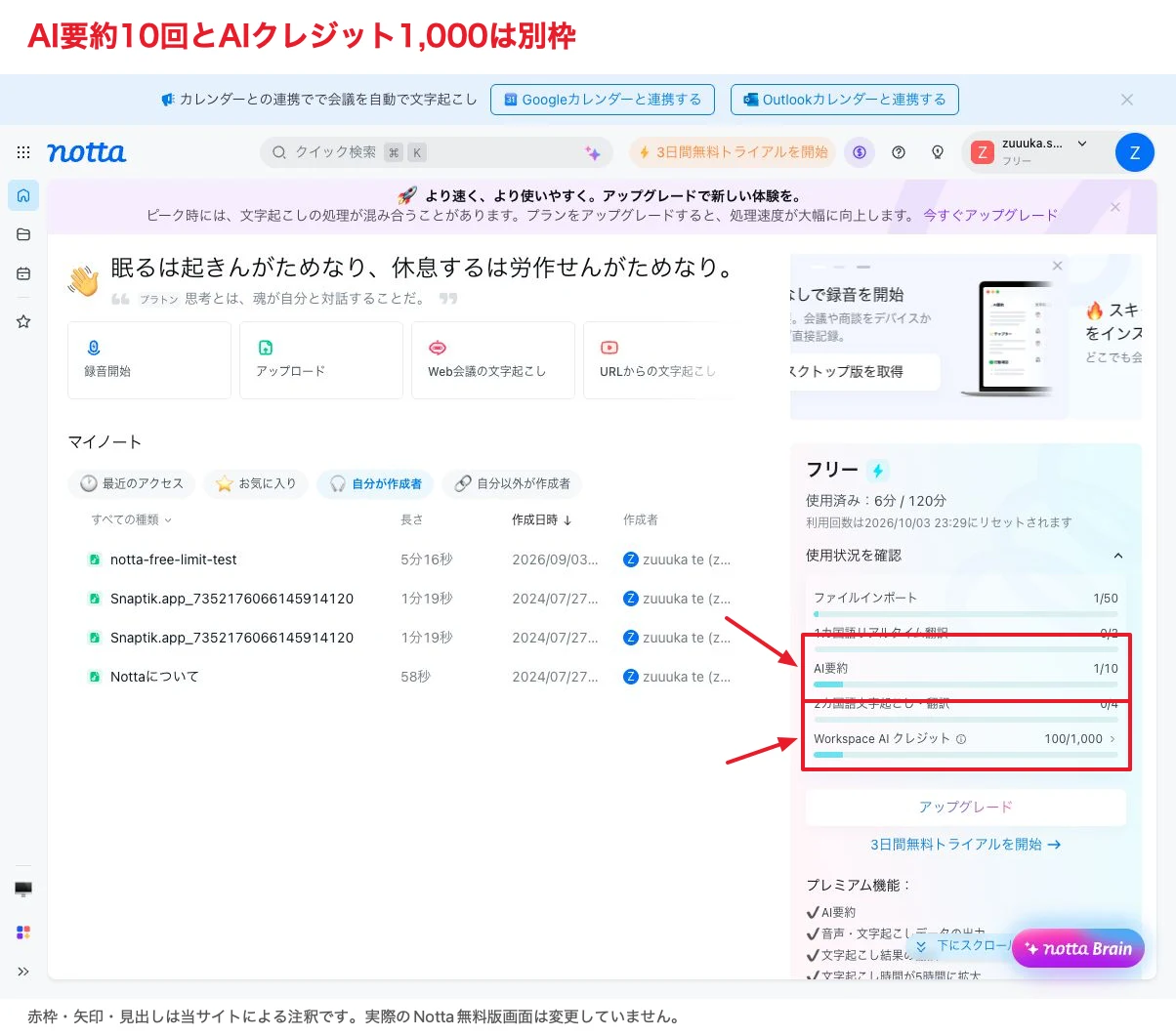 Notta無料版のAI要約1回使用とNotta Brainの100クレジット使用を示す画面