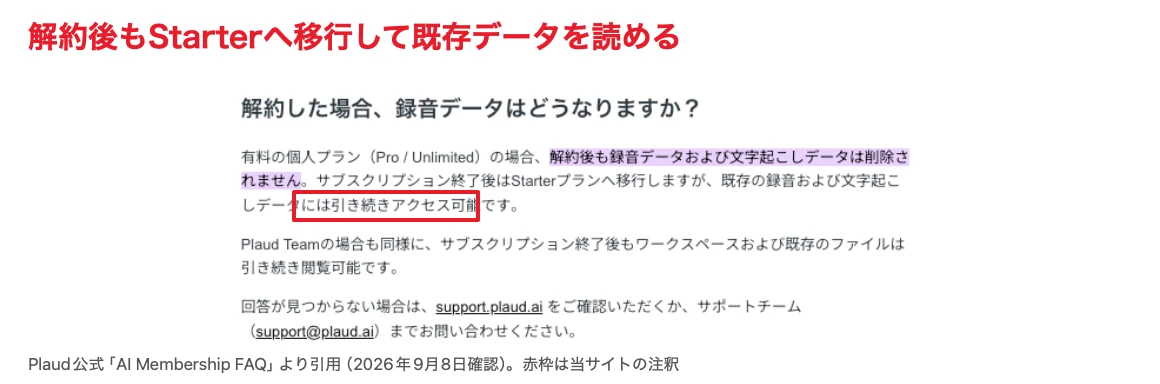Plaud公式FAQに記載された解約後のデータの扱い